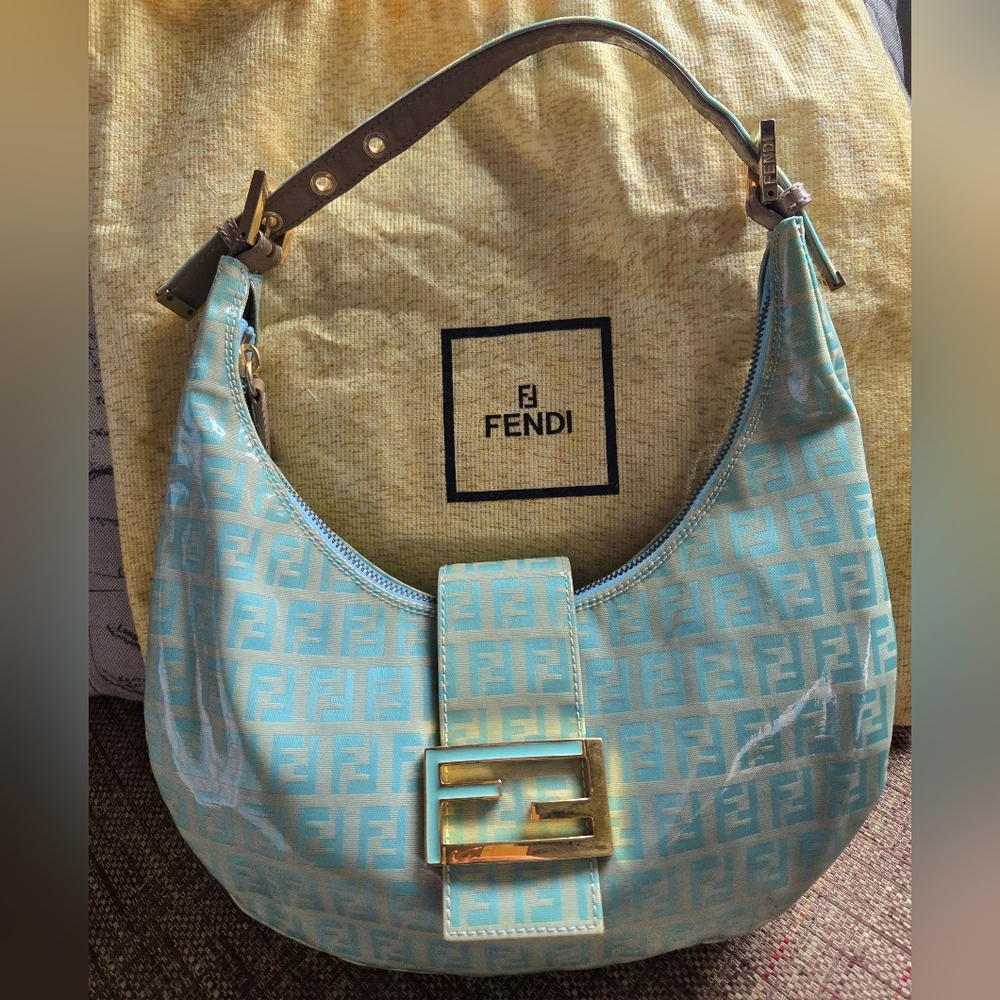 Fendi Croissant cloth handbag, Mint Green, Coated Cloth, Half Moon